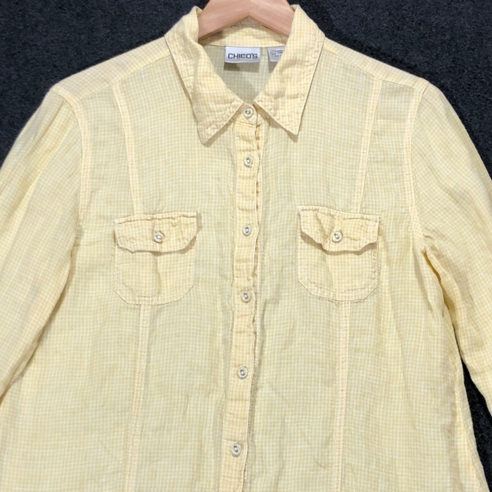 Chicos Yellow Gingham Linen Button Down Shirt Roll Tab Sleeve Size 2 Large